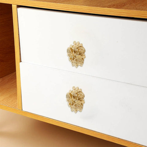 Gold Brass Peony Drawer Pulls Vintage Cabinet Hardware For Kitchen Bathroom Dresser Cupboard Furniture Easy Grip Flower Knob Handles With Classic Chinese Vintage Decor installed on white drawers.