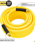 50ft Hybrid Air Hose With Half Inch MNPT Ends And Bend Restrictors, yellow coiled air hose with brass fittings for industrial use