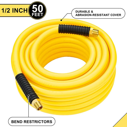50ft Hybrid Air Hose With Half Inch MNPT Ends And Bend Restrictors, yellow coiled air hose with brass fittings for industrial use