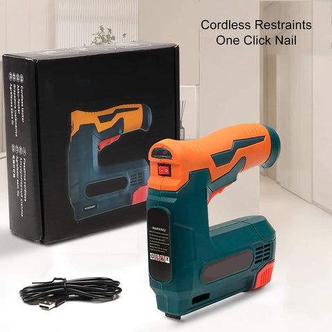 Shop Grade Cordless Brad Nailer Wireless Nail Gun With USB Charging Smooth Operator view showcasing the tool and charging cable.