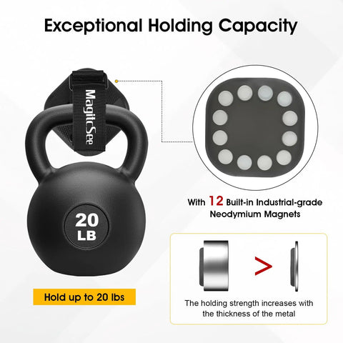 2 Pack Heavy Duty Magnetic Shovel And Tool Holder For Truck With Adjustable Strap No Drill Mount Rack showing 12 magnets holding 20 lb weight