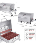 Diagram of Stainless Steel Portable Tabletop Gas Grill with 10000 BTU Power, 285 Square Inches Cooking Space, Folding Legs, Lockable Lid.