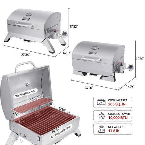 Diagram of Stainless Steel Portable Tabletop Gas Grill with 10000 BTU Power, 285 Square Inches Cooking Space, Folding Legs, Lockable Lid.
