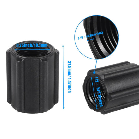 Ten Pack Half Inch Double Female Thread Pipe Couplings For Sprinkler And Irrigation Systems, NPT Threaded Fittings shown close-up