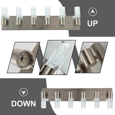 6 Light Vanity Light Fixture For Bathroom Over Mirror With Bubble Shade, LED White Light 6000K, Brushed Nickel, Multiple Views