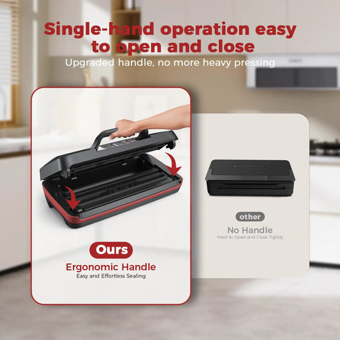 95KPa Vacuum Sealer Machine with ergonomic handle and single-hand operation feature in modern kitchen setting.