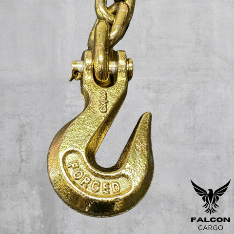 Close-up of clevis grab hook on 3/8 Inch Grade 70 Transport Binder Chain 10 Ft With 6,600 Lbs WLL Zinc Plated Steel