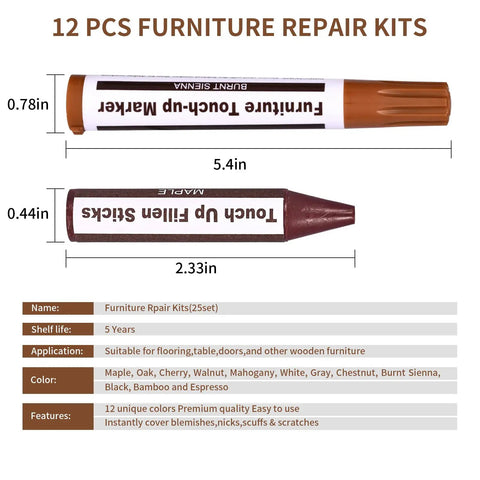 Heavy Duty Furniture Repair Kit Wood Markers And Wax Sticks For Crushing Bad Scratches And Deep Gouges Touch Up Tools For Hardwood Floors Desks Tables 25 Piece Set with repair markers and wax sticks displayed together.