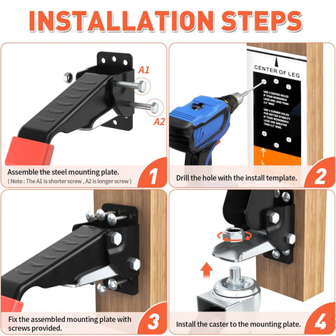Installation steps for Heavy Duty Retractable Workbench Casters Kit 720 lb capacity, showing assembly and drilling process.
