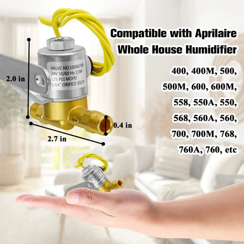 Hand holding 4040 Humidifier Solenoid Valve Replacement For Whole House Humidifiers, dimensions 2.7 inches, 2.0 inches
