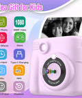 Instant Print Camera For Kids Portable Mini Digital Camera With One Second Black And White Print And Color Photos 15 Scene Filters 16 Effects Totally Fun Gift For Boys And Girls Ages 3 To 12 Purple, front view with printed photo
