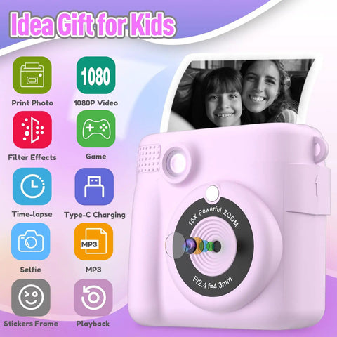 Instant Print Camera For Kids Portable Mini Digital Camera With One Second Black And White Print And Color Photos 15 Scene Filters 16 Effects Totally Fun Gift For Boys And Girls Ages 3 To 12 Purple, front view with printed photo