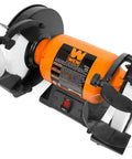 Heavy Duty Eight Inch Bench Grinder With A No Fuss Three Amp Motor And Soft Start Switch showing 8 inch wheels for sharpening tools.