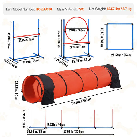 Dimensions of Dog Agility Training Kit 5-Piece Set With Adjustable Hurdles, Weave Poles, Extended Tunnel, Jump Ring, PVC material, model HC-ZAG08.
