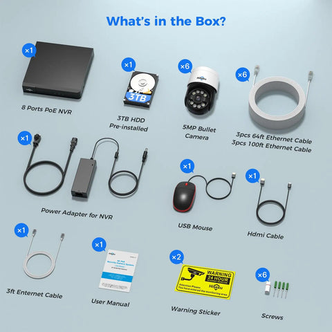 Box contents of 4K PoE PTZ Security Camera System with Auto Human Tracking: NVR, 3TB HDD, cameras, cables, and accessories.