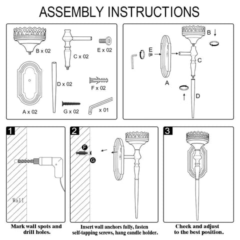 Gatheroad Pillar Candle Wall Sconces Set of 2, Gothic Lattice Crown Decor assembly instructions showing all parts and steps.