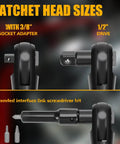 Ratchet head sizes showcasing 3/8" socket adapter and 1/2" drive, part of Hella Badass 3/8 Inch Air Ratchet Wrench Set.