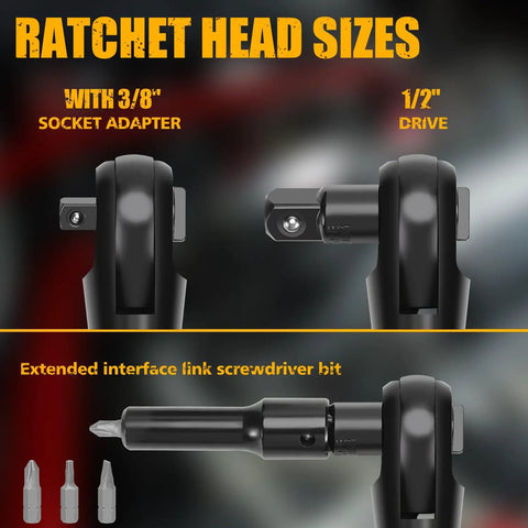 Ratchet head sizes showcasing 3/8" socket adapter and 1/2" drive, part of Hella Badass 3/8 Inch Air Ratchet Wrench Set.