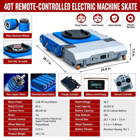 Heavy Duty 40 Ton Electric Machinery Skate Dolly With Remote Control, 360 Degree Non Slip Load Plate, Steel Frame Overview