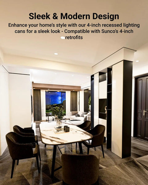 Modern dining room with 4 Inch Remodel Recessed Lighting Can Housing With TP24 Connector, Air Tight IC Rated Steel Can, 6 pack installed