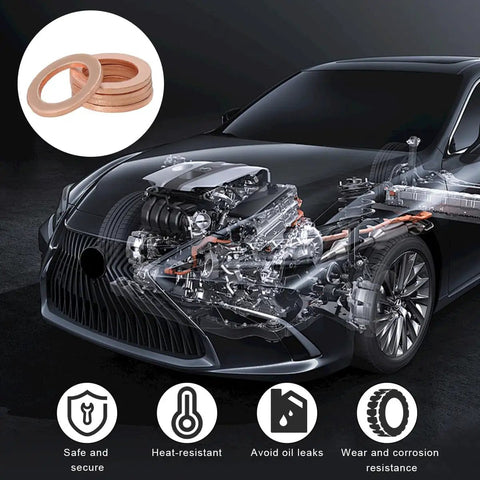 Cutaway car image showing engine with Oil Drain Plug Gasket Set, 14mm Copper Crush Washers For Leak Free Sealing, 10 Pack Replacement Gaskets.