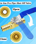 Hose Barb Ball Valve Kit Five Eighths Inch Shut Off Valve With Stainless Steel Clamps for Pex Pipe, showing open and close
