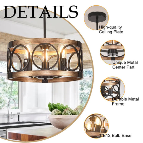 Six Light Dining Room Chandelier Over Table With Adjustable Height featuring metal frame and wood grain finish details