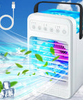 4 In 1 Portable Air Conditioner Fan With Touch Screen Evaporative Cooler emitting cool breeze and colorful LED lighting