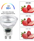 Dimmable GU10 LED Bulbs 5.5W 2700K Soft White, 400lm, 50W Halogen Equivalent beside CRI comparison with strawberries