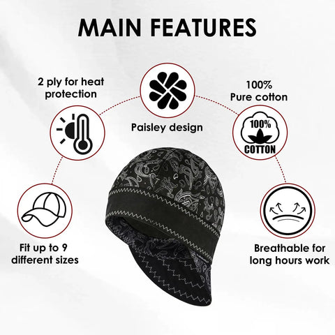 Reversible Cotton Welding Cap For Men And Women, Flame Resistant Welder Hat shown in paisley pattern and key features.
