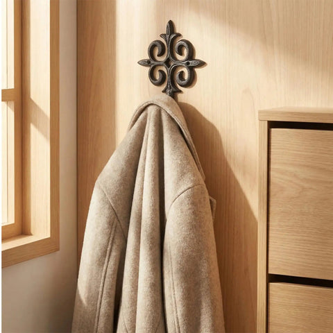 Rock Solid Cast Iron Wall Hook Knockout Vintage Charm For Entryway And Master Bedroom Bullet Proof Heavy Duty Towel And Coat Rack hanging a coat on a wooden wall.