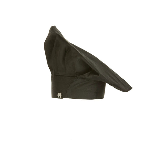 Unisex Black Chef Hat With Adjustable Velcro Closure One Size Fits Most Durable Poly Cotton Kitchen Accessory For Pro Chefs And Home Cooks Machine Washable side view