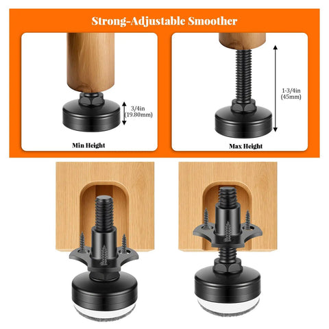 Built Tough Heavy Duty Adjustable Furniture Levelers With Three Eighths Inch Thread And Large Base, 3960 Lbs Capacity, height adjustment view