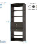 Grey Modular Closet Shelf Tower With 2 Smooth Drawers And Versatile Shelves 71.25in tall unit with open shelves and drawers.