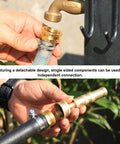 Garden Hose Repair Kit With Clamps For Three Quarter Or Five Eighth Brass Hoses Includes Two Male And Two Female Connectors Four Stainless Steel Hose Clamps Extra Gaskets Replacement Fittings Durable Brass Construction For Easy No Hassle Quick Fix" being installed on a hose.