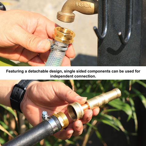 Garden Hose Repair Kit With Clamps For Three Quarter Or Five Eighth Brass Hoses Includes Two Male And Two Female Connectors Four Stainless Steel Hose Clamps Extra Gaskets Replacement Fittings Durable Brass Construction For Easy No Hassle Quick Fix" being installed on a hose.