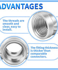 Close-up of advantages of 304 Stainless Steel Four Way Cross Pipe Fitting With Three Eighths Inch NPT Female Threads, highlighting smooth threads.