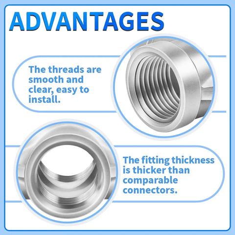 Close-up of advantages of 304 Stainless Steel Four Way Cross Pipe Fitting With Three Eighths Inch NPT Female Threads, highlighting smooth threads.