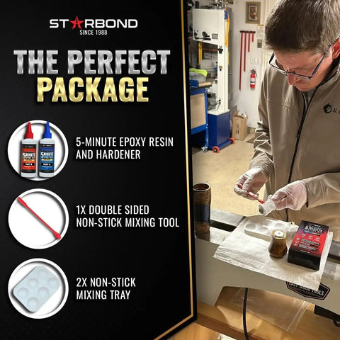 Man using 8 Oz Epoxy Pro Kit 5 Minute Fast Set Flexible Toughened Glue With 2600 Lb Shear Strength For Metal Plastic Wood
