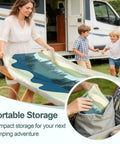 Family setting up Waterproof Windproof Picnic Table Cover with Bench Covers 3 Piece Set, storage bag shown