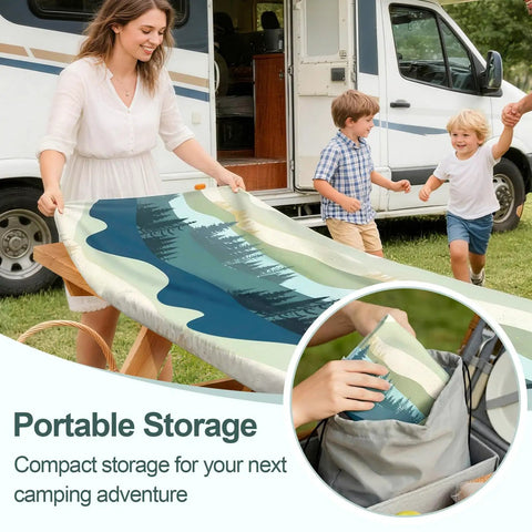 Family setting up Waterproof Windproof Picnic Table Cover with Bench Covers 3 Piece Set, storage bag shown
