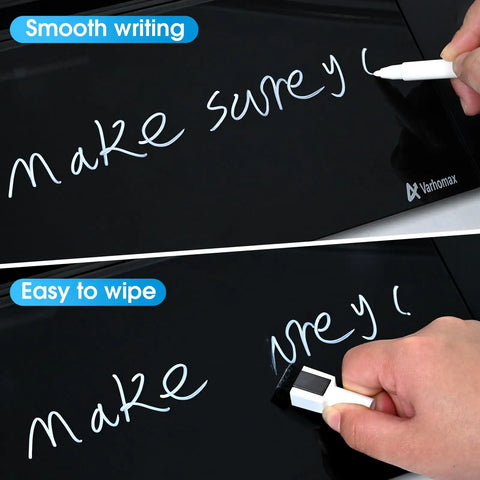 Glass Desk Whiteboard With Wireless Charger Stand, dry erase surface showing smooth writing and easy wipe features.