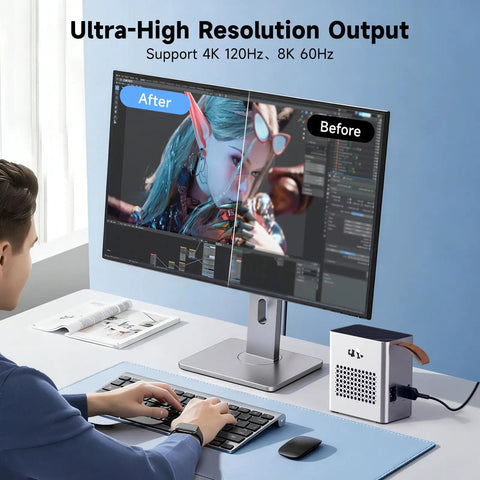 User working on laptop connected to Next Level External GPU Docking Station Leveling Up Your Gaming Laptop Featuring AMD Radeon RX 7600M XT 8GB GDDR6.