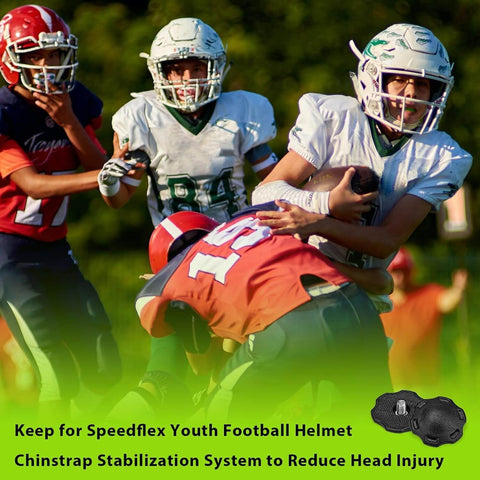 Youth football players wearing helmets during a game with SpeedFlex Compatible Football Helmet Chin Strap Stabilizer Kit