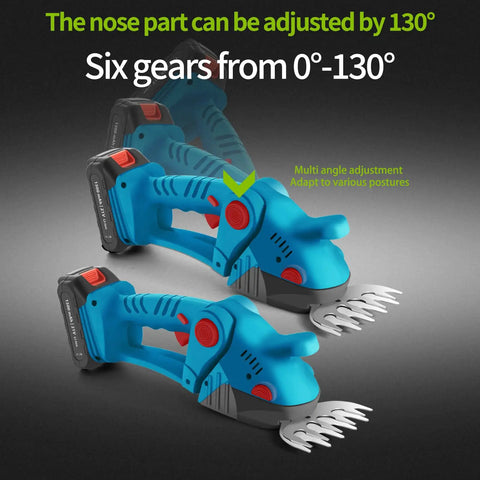 Bad Boy Cordless Grass Shears And 21V Mini Hedge Trimmer Built Heavy Duty With Dual Blades And Hot Swap Batteries For No Sweat Lawn Care And Sharp Hedges Pruning In Bright Red, showing adjustable 130° nose for versatile cutting angles.