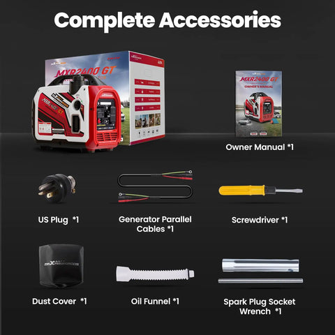 2400 Watt Portable Inverter Generator With Smart App Control Ultra Quiet Engine And Reliable Clean Power Ready To Roll For Campground Days And Home Power Backup with complete accessories including cables, plug, and tools.