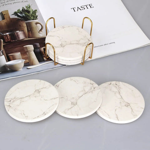6 Pack White Marble Coaster Set With Holder, Absorbent Ceramic Drink Coasters for Bar and Coffee Table on magazine