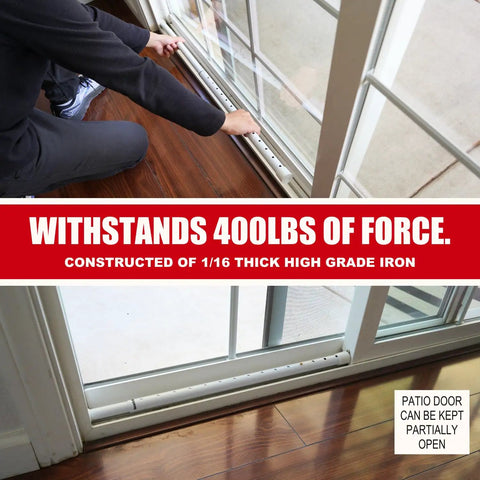 Person installing 3 In 1 Door Security Bar And Barricade For Home Apartment Or Travel, Beefed Up Heavy Duty Adjustable Iron Lock Bar on sliding door