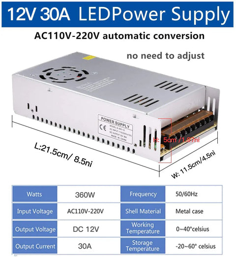 Beefy 30A 360W 12V DC Power Supply Universal Switch Mode Converter with dimensions and specs for AC Input 110V to 220V