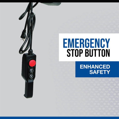Close-up of the emergency stop button for the Strongway 1100 Lb Electric Cable Hoist, enhancing safety during operation.